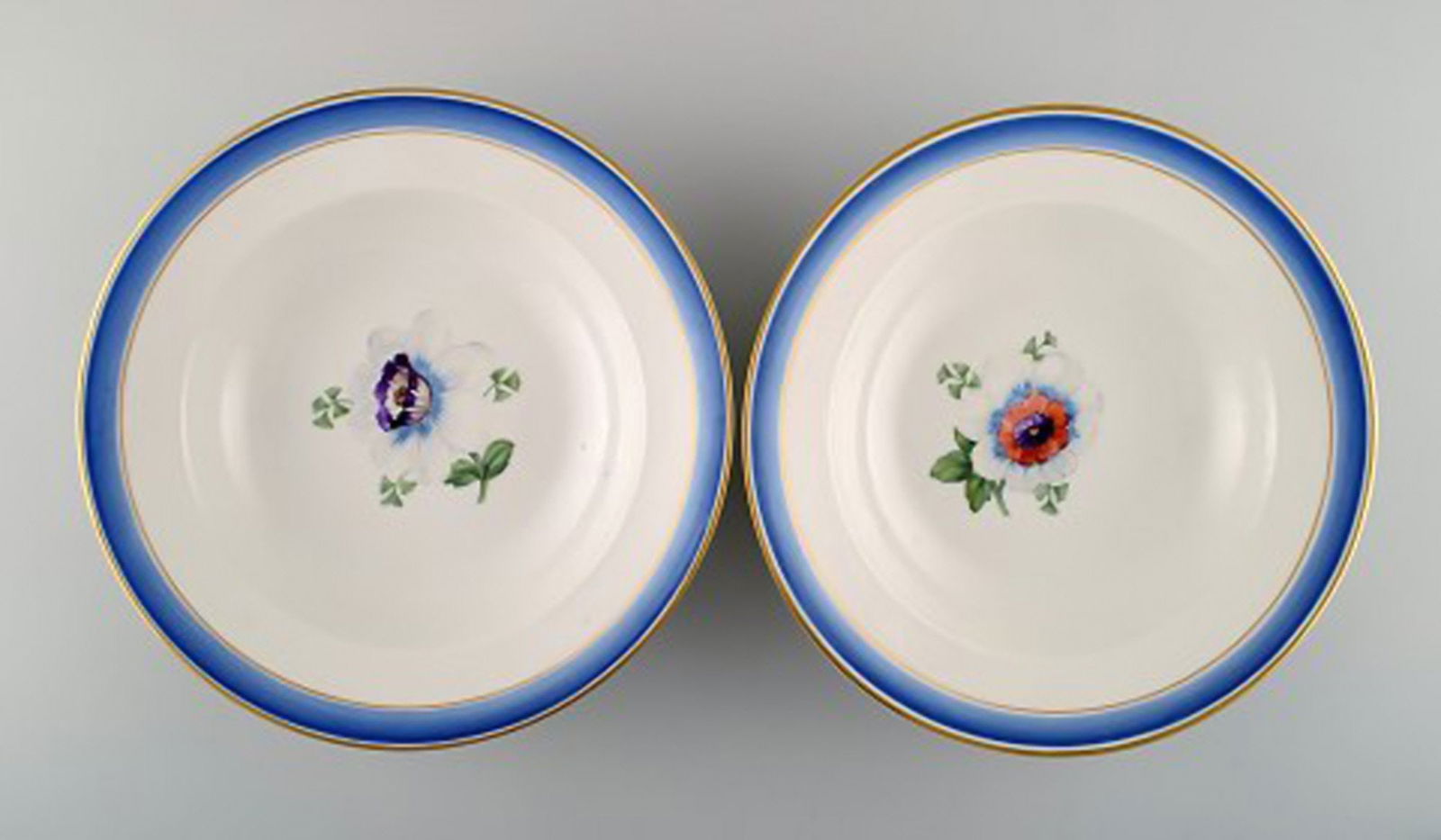 Four antique Royal Copenhagen deep plates in hand-painted porcelain with flowers and blue edge with - 2
