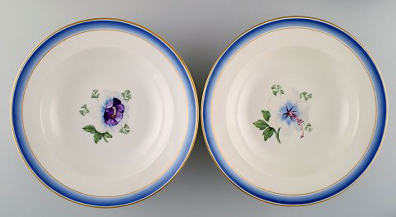 Five antique Royal Copenhagen deep plates in hand-painted porcelain with flowers and blue border - 2