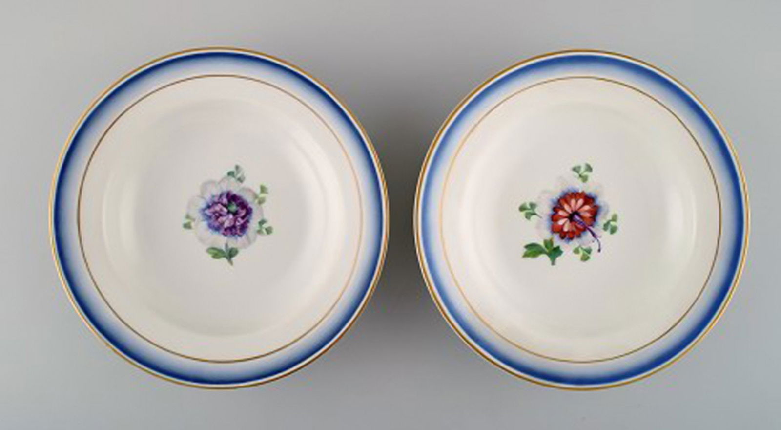 Four antique Royal Copenhagen deep plates in hand-painted porcelain with flowers and blue edge with - 3