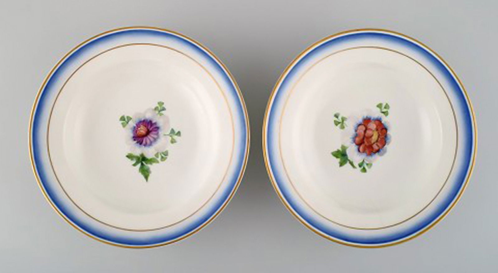 Four antique Royal Copenhagen deep plates in hand-painted porcelain with flowers and blue edge with - 3