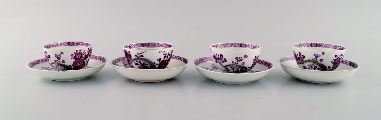 Four antique Meissen teacups with saucers in hand-painted porcelain. Purple flowers and gold (1 of 9)