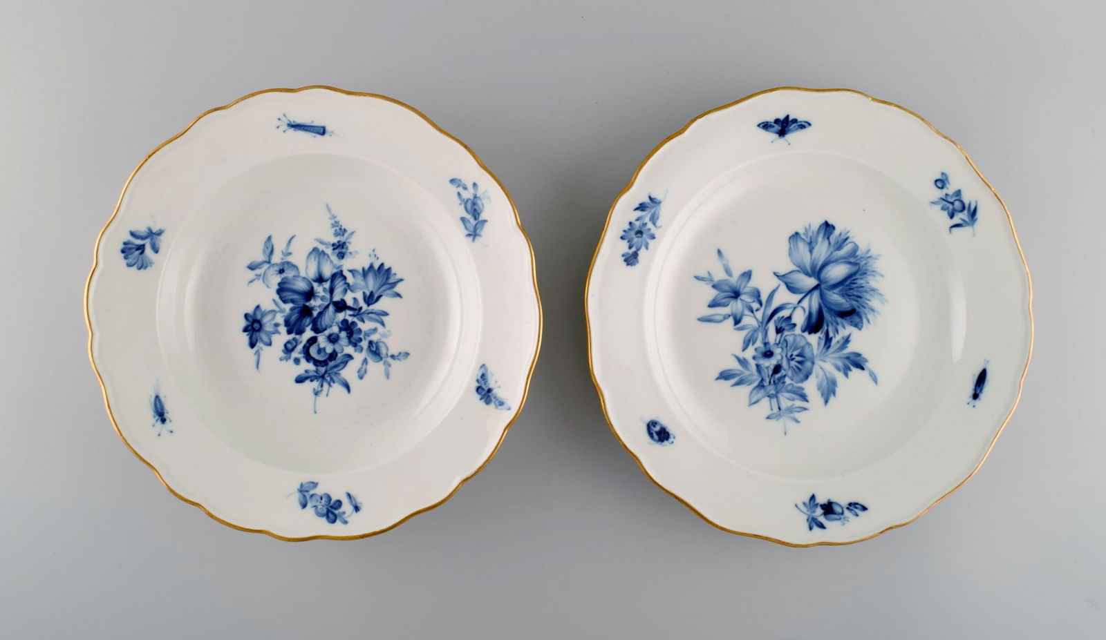 Two antique Meissen porcelain plates with hand-painted flowers and gold edge. Approx. 1900. (1 of 6)