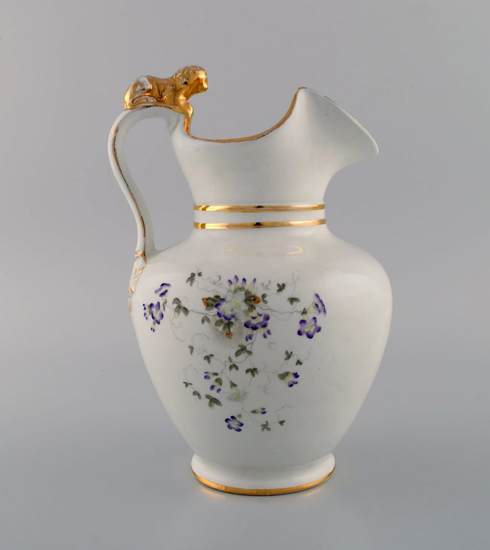 Antique Gustafsberg chocolate jug in porcelain modeled with a lion on the handle. Hand-painted - 5