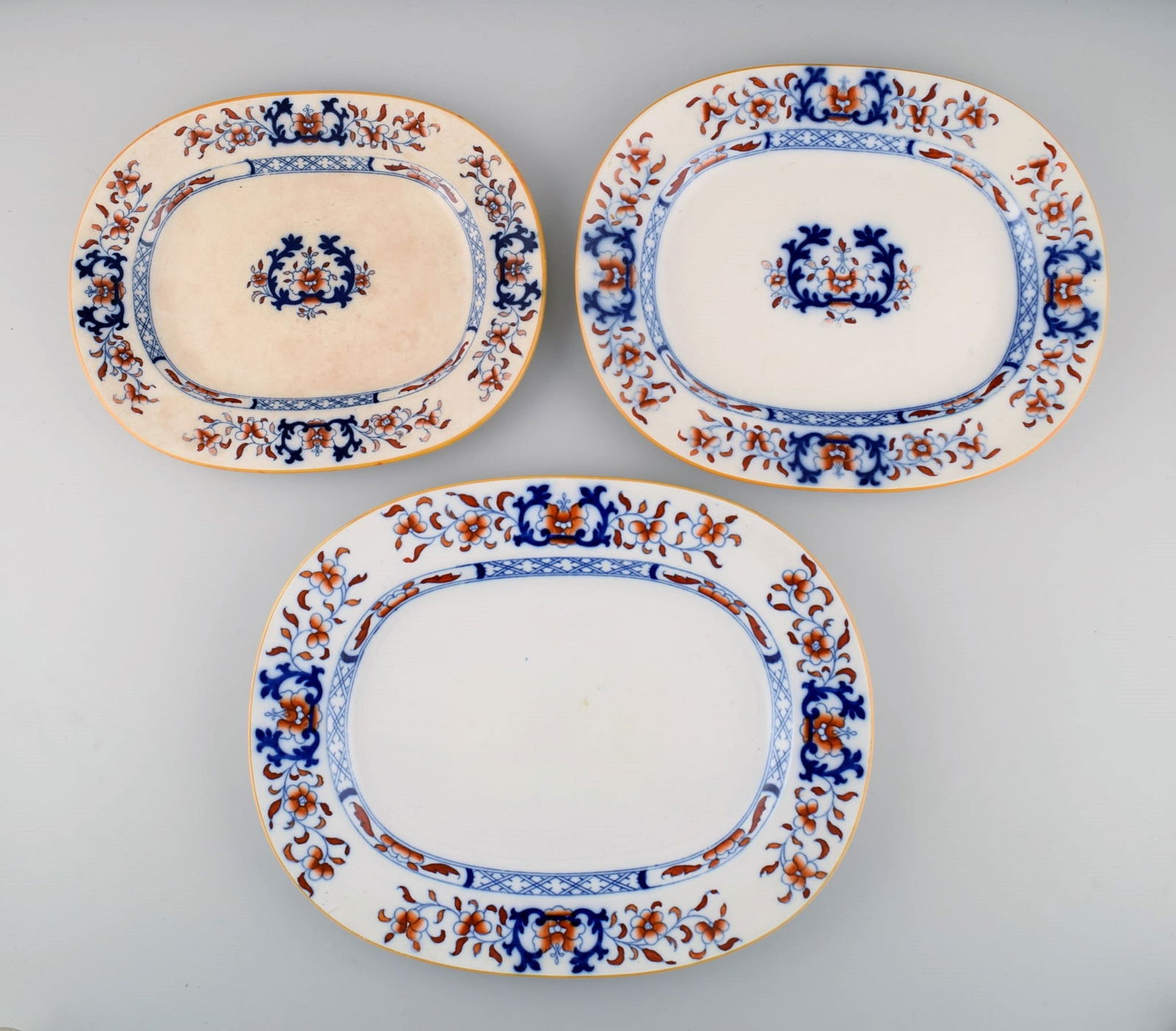 Mintons, England. Three antique dishes in hand-painted faience. Chinese style, early 20th century. (1 of 5)