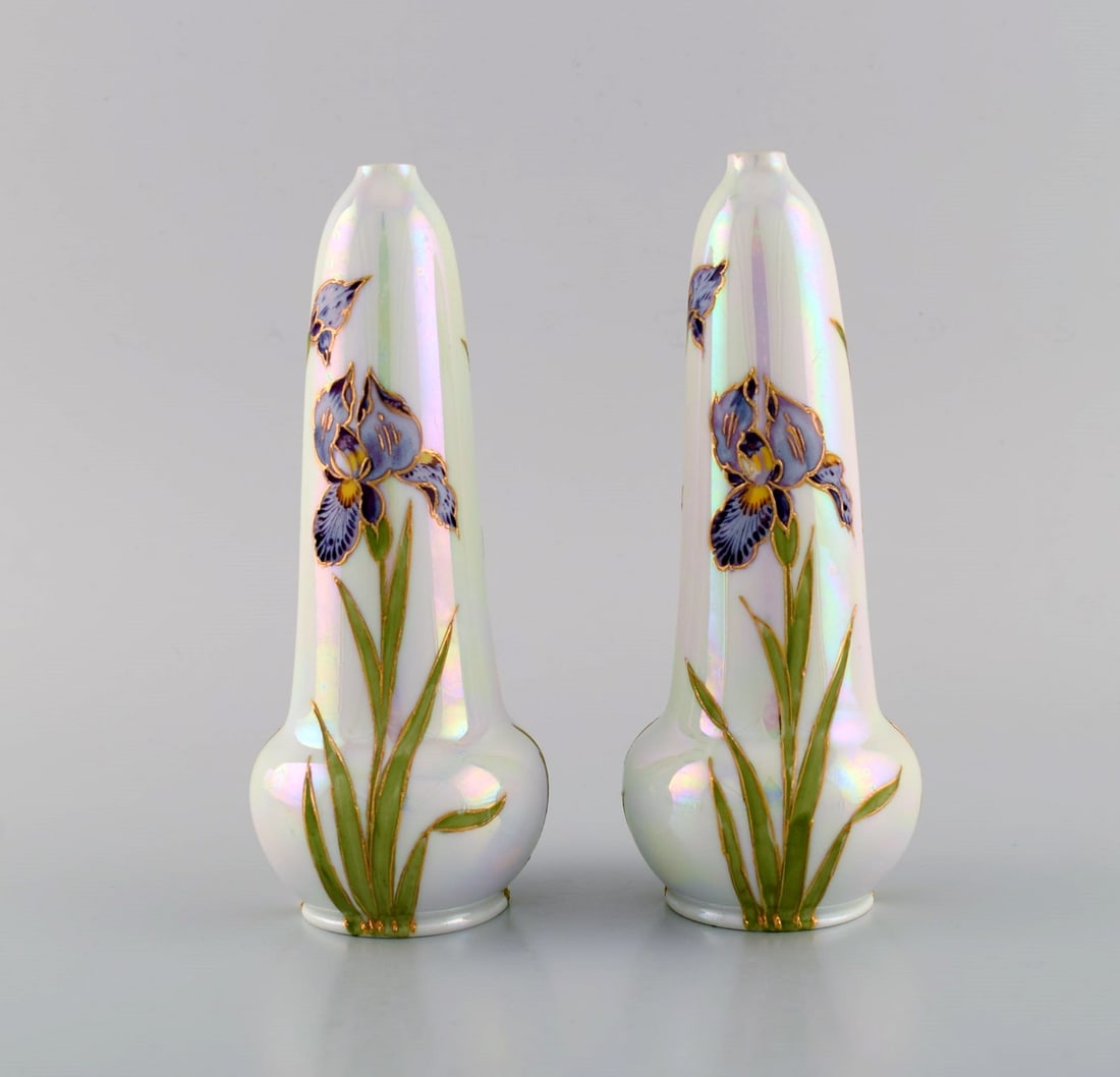 Heubach, Germany. Two antique art nouveau vases in porcelain with hand-painted flowers. Ca. 1900.: Title: Heubach, Germany. Two antique art nouveau vases in porcelain with hand-painted flowers. Ca. 1900. Description: Heubach, Germany. Two antique art nouveau vases in porcelain with hand-painted flo