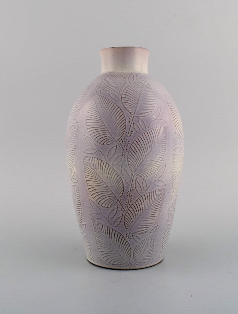 Nils Thorsson for Royal Copenhagen. Vase in glazed ceramics with leaf decoration. Dated 1944. (1 of 5)