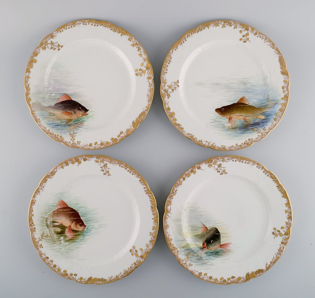 Twelve antique Pirkenhammer porcelain dinner plates with hand-painted fish and gold decoration. High - 2