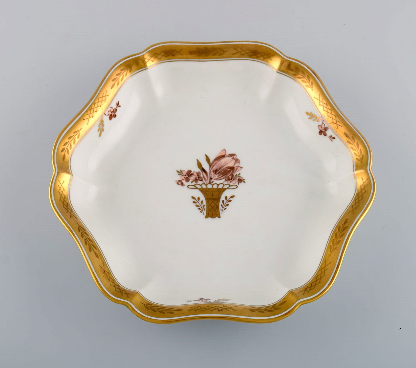 Royal Copenhagen Golden Basket dish in porcelain with flowers and gold decoration. Dated 1969-1974. (1 of 6)