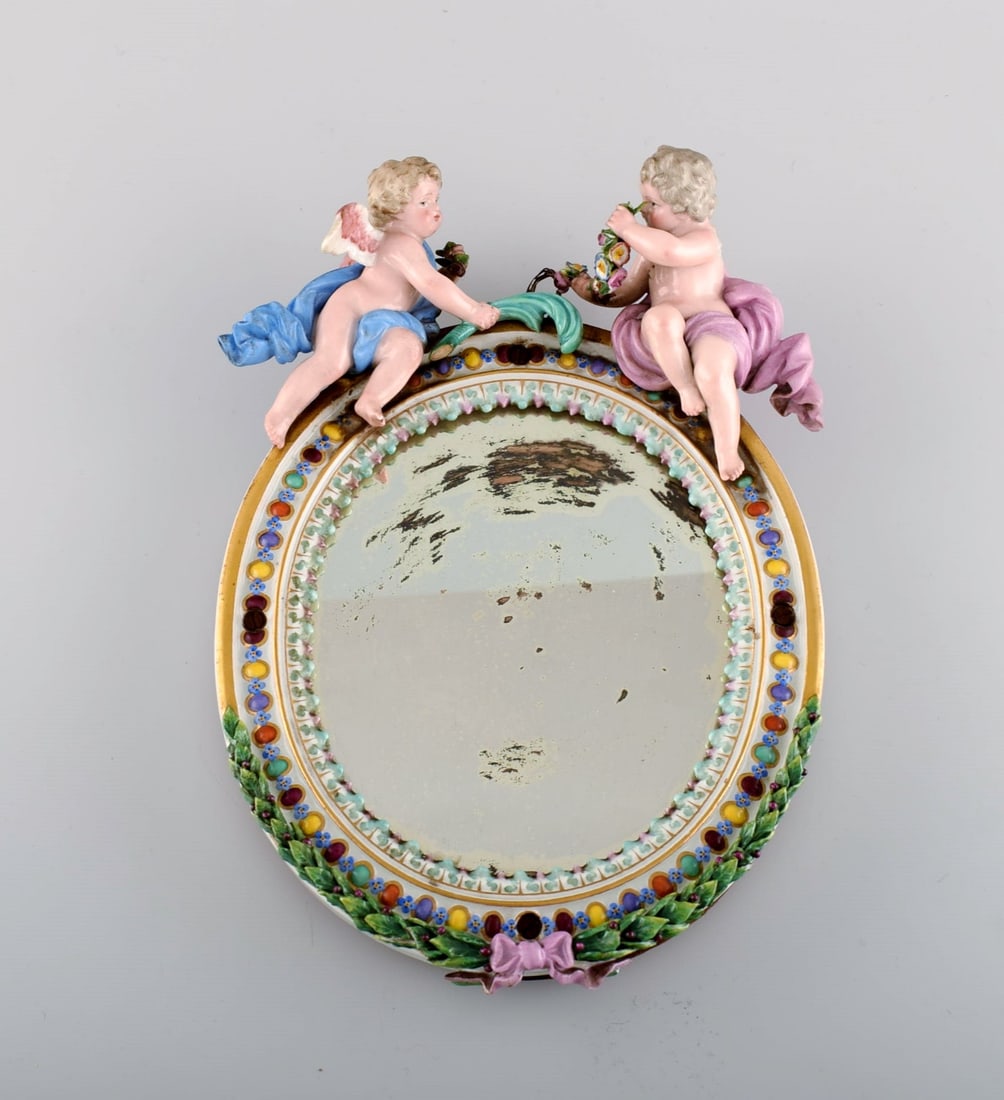 Antique Meissen porcelain mirror with original glass. Decorated with angels and repousse flowers. (1 of 7)