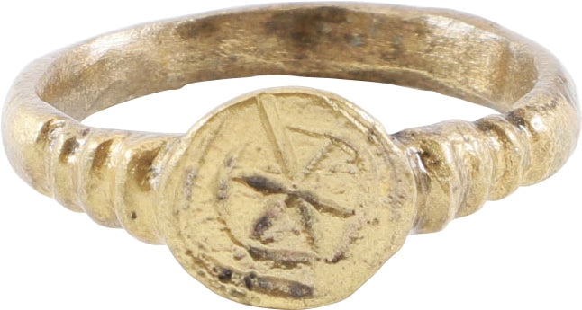 RENAISSANCE EUROPEAN WOMAN’S FASHION RING, SIZE 8 1/2: 16th-17th century AD. Women's size 8 1/2. 2.7mm width band flared to the shoulders crenulated in deep relief. Raised circular bezel with rounded edges and six point star on concentric circles motif.