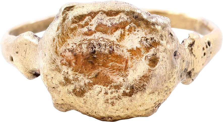 ROMAN SIGNET RING, 3RD-6TH CENTURY AD, SIZE 8: Size 8. Hand crafted with 1.8mm rounded section band, expanded at the shoulders. Oval bezel inscribed with a figure serving as a signet, now indistinguishable from degradation from burial. Early Chris