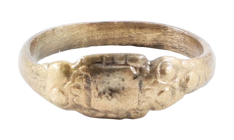 MEDIEVAL EUROPEAN RING,11th-13th CENTURY, SIZE 9 1/2: Size 9 1/2. Low rounded face, 2.9mm, band. Beaded edge square bezel flanked by triple nub clusters. The surface is slightly textured from the burial. Professionally refurbished with the silver surface