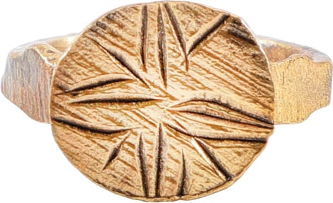 MEDIEVAL EUROPEAN RING, 15-17 CENTURY, SIZE 2 ½: Highly identifiable type popular in Northern Europe in the 15th-17th century. See Ancient Rings, Pollio, p.30. Gilt bronze, a little under size 2 1/2 with 2.5mm flat face band. Circular bezel with a f