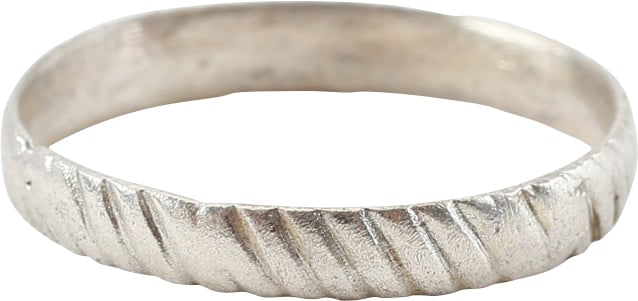 RARE VARIATION VIKING WEDDING RING, SIZE 8 1/4: Silvered bronze band with rounded face hand decorated in a hatched pattern forming a spiral. The spiral or helix was a favorite Viking pattern and held supernatural significance for them. Size 8 1/4.