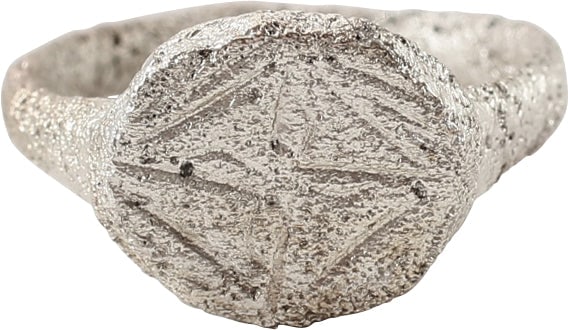 MEDIEVAL WOMAN’S RING 6 1/4: Women's size 6 1/4 for the small finger as was the custom. The 1.5mm width band flared and stepped at the shoulder. Raised oval bezel with the Star of Bethlehem represented as a diamond, perhaps