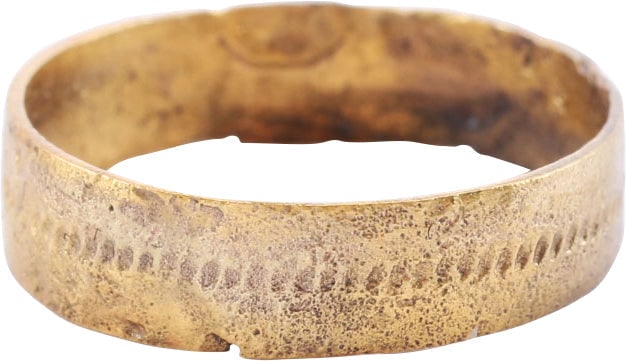 FINE VIKING WEDDING RING 10TH-11TH C.AD 9 3/4: Size 9 3/4. Gilt bronze. Broad, 6.7mm band. Flat face with a hand-engraved central stipple band. Vikings exchanged rings on the pommel of the groom's sword. Some degradation from burial.