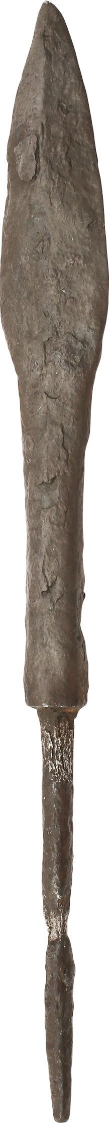 ROMAN LEGIONARIES IRON ARROWHEAD 1ST-4TH CENTURY AD: 4 3/8” length with finely forged leaf shaped thickened “armor piercing” point. The base flared for seating in the shaft, above a tapered tang. See European Arrowheads and Crossbow