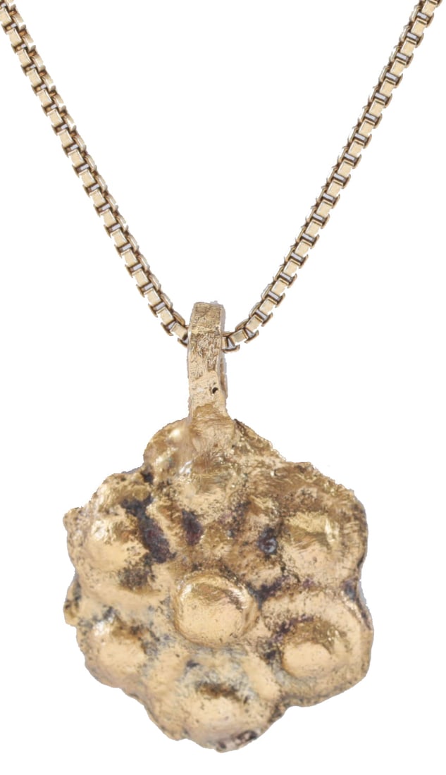 ROMAN WHEEL OF FORTUNE AMULET NECKLACE, 3RD-6TH CENTURY AD.: 3rd-6th Century. Just over 1/2" (0.54”) width. Raised central hub with six radials forming loops. This form which stylizes the wheel is likely influenced by the introduction of Christianity