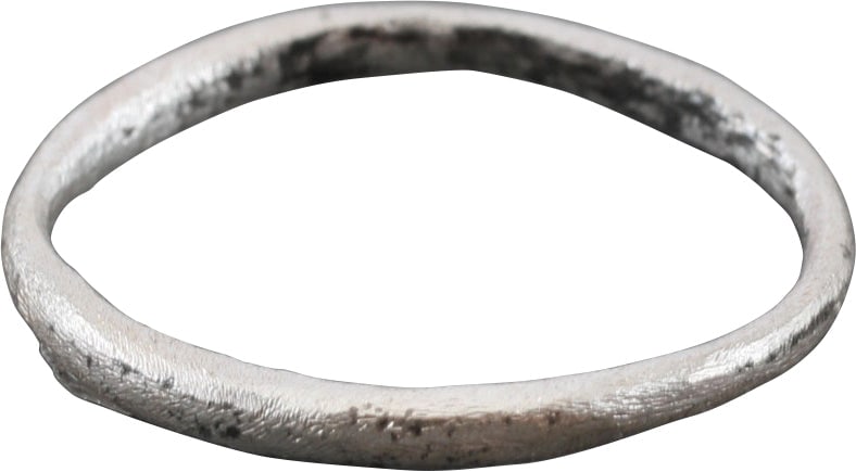 VIKING WEDDING RING, 10TH-11TH CENTURY AD.: Size 5 1/4 for the small finger as was the custom. Silvered bronze. 17mm width. Surface lightly textured from burial. Professionally refurbished with the pure silver overlay restored. See the