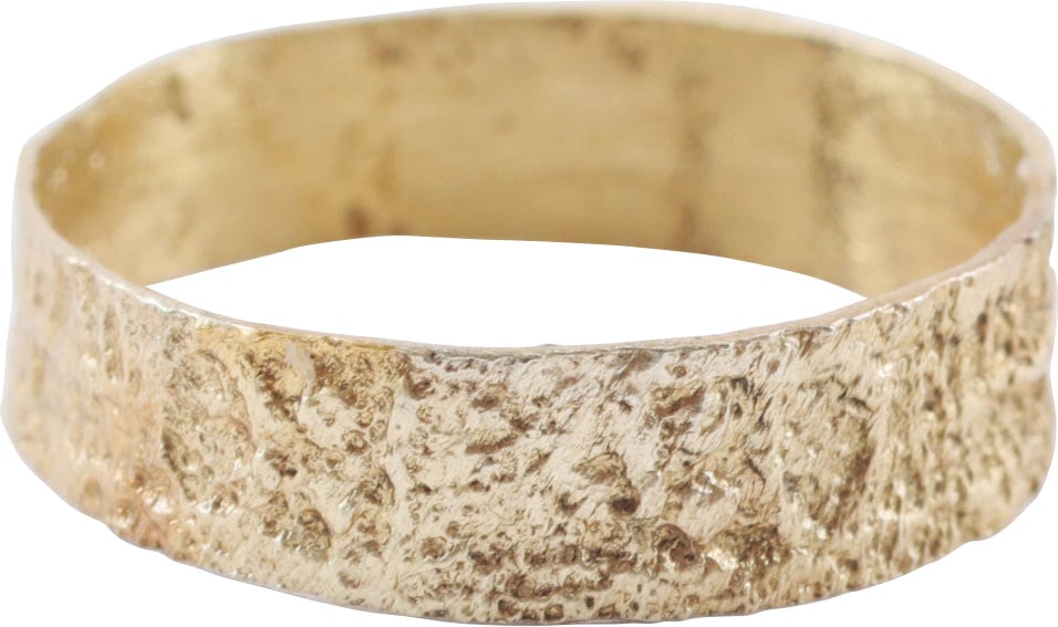 MEDIEVAL SORCERER’S RING, 8TH-11TH CENTURY, SIZE 7: Broad band, 4.3mm width, with raised edges and deep relief decoration overall of cabalistic ciphers flanked by reeded ground (mystical meaning now lost). Worn by sorcerers who practiced pagan