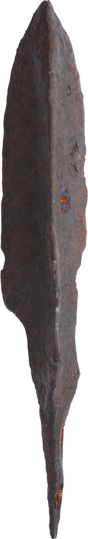 ROMAN IRON ARROWHEAD 1ST-4TH CENTURY AD: 2 5/8” length with finely forged trilobate point formed with three delicate veins converging to a thickened “armor piercing” point. The base narrowed for seating in the shaft, above