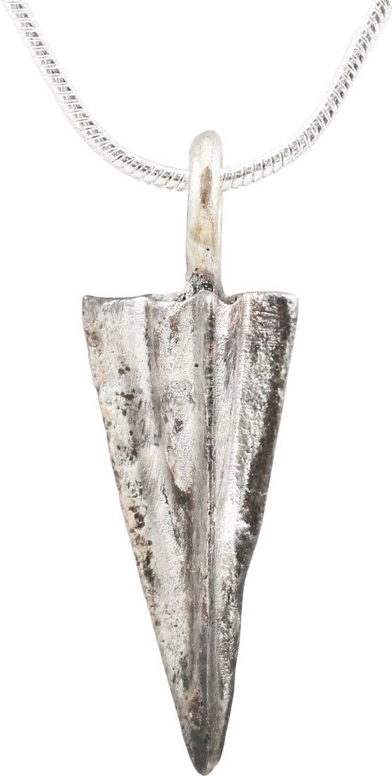 BRONZE ARROWHEAD PENDANT NECKLACE, HELLENISTIC GREEK, 300 - 100 BC: Over 7/8" length Fine proud triangular section with a delineated tapered socket and particularly wide veins. Professionally refurbished with a silver overlay and mounted on an 18" modern Sterling silv
