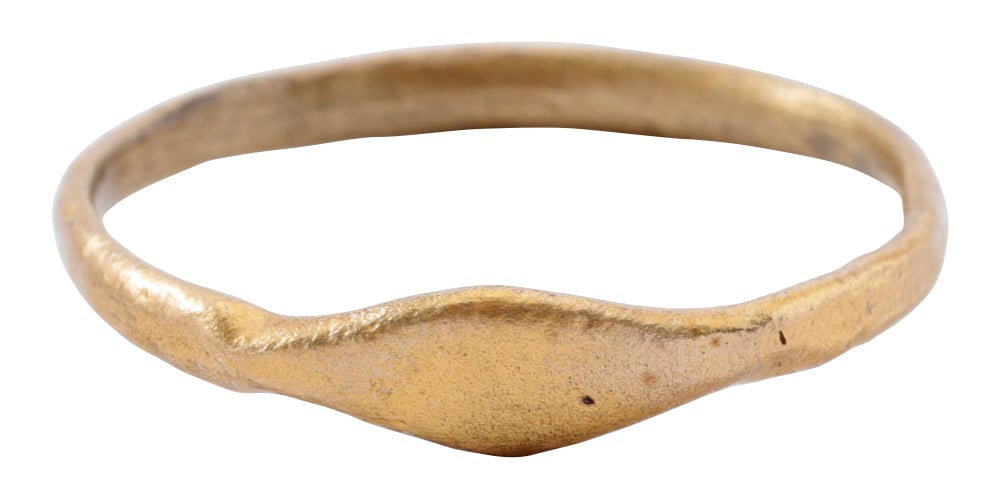 FINE ROMAN RING C.2ND-MID 4TH CENTURY AD, SIZE 11: Gilt bronze, rare large size 11. 2.1mm width with well rounded band, thickened at the bottom in the Roman taste, and lenticular bezel. Professionally refurbished with the 24karat gold surface restored