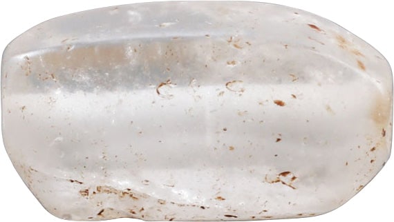 VIKING ROCK CRYSTAL BEAD 850-1000 AD: Polished stone, natural rock crystal with clear and showing expected natural cleavage. Meticulously sculpted and polished to a ribbed cylindrical form. 8.6mm diameter, 14.8mm length. Stringing hole