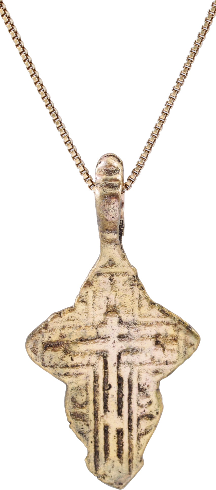 EASTERN EUROPEAN CHRISTIAN CROSS NECKLACE: 17th-18th Century, Orthodox rite. Silvered bronze. Charming example just over 1 1/2” (1.56”) total height. Raised border delineating the cross with broad beams, the cross beam above