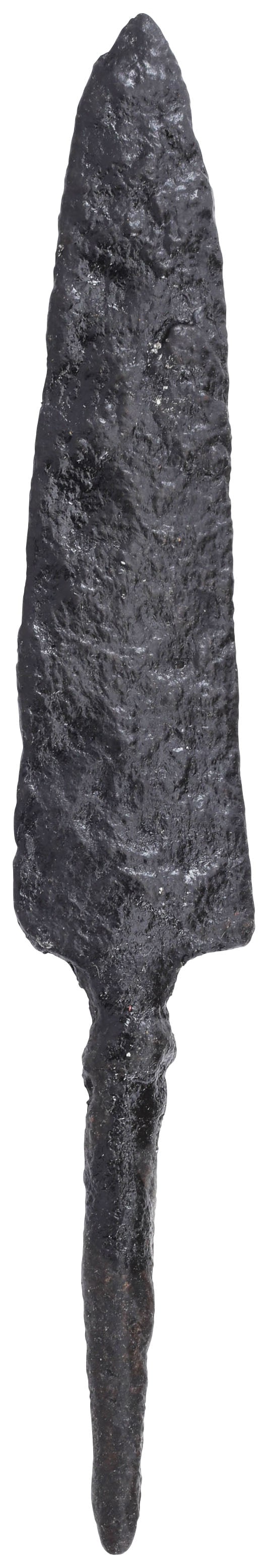 FINE VIKING TANGED ARROWHEAD C.9th-10th CENTURY: Well forged, over 3 1/8" (3.16”) length of flesh cutting weight intended for war raiding where the opponents would be marginally protected by padded jerkins. Elongated edge leaf-shaped point thi