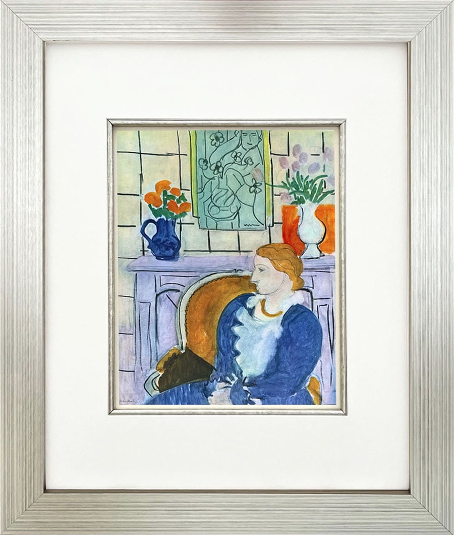 Matisse 18 Blue Dress in Ochre Arm-chair framed: Title: Matisse 18 Blue Dress in Ochre Arm-chair framed Artist: Matisse Description: Title: Blue Dress in Ochre Arm-chair Artist: Henri Matisse (After) Country: France Medium: Engraving 18 Marks: Not s
