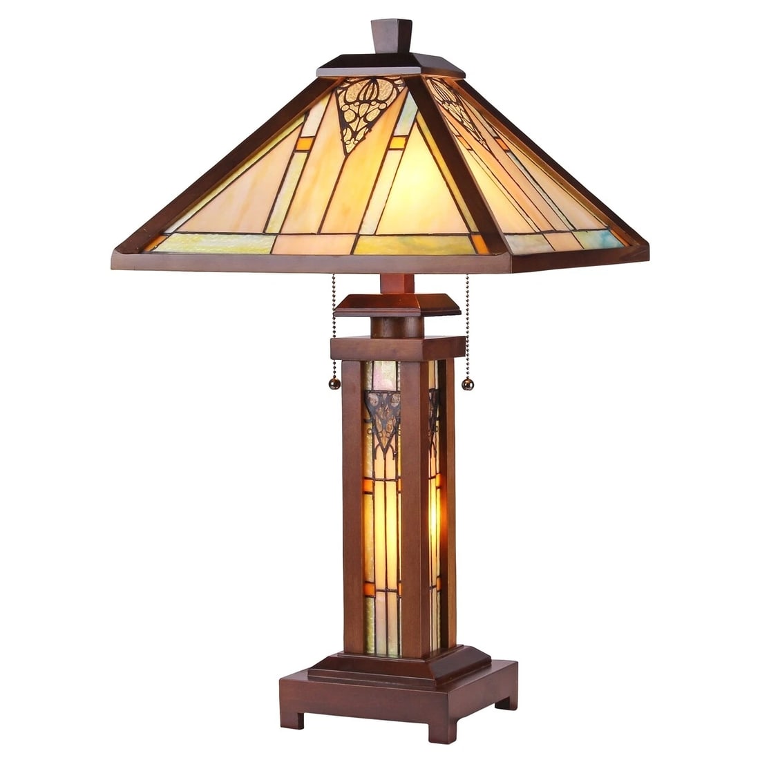 25.6 3 light Stained Glass Wood Mission Table Lamp: 25.6" High 15" Wide Shade (2) 60 Watt E26 Type A Bulb + (1) 25 Watt E12 Type C Bulb (not included) Illuminate your space with the timeless beauty of our reproduction Traditional Mission-Style Table