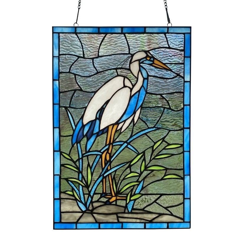 18" White & Blue Crane Stained Glass Window Panel: Description 12"L x 18"H x 0.25 Stunning modern reproduction Tiffany Glass Window Panel depicting an image of a crane standing on the shore. All handcrafted in stained art glass using traditional