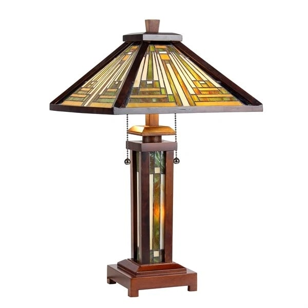 25.6" 3 light Stained Glass Mission Table Lamp: 25.6" tall 15" wide shade Illuminate your space with the timeless beauty of our reproduction Traditional Mission-Style Table Lamp. This exquisite lamp features a hand-made stained glass shade