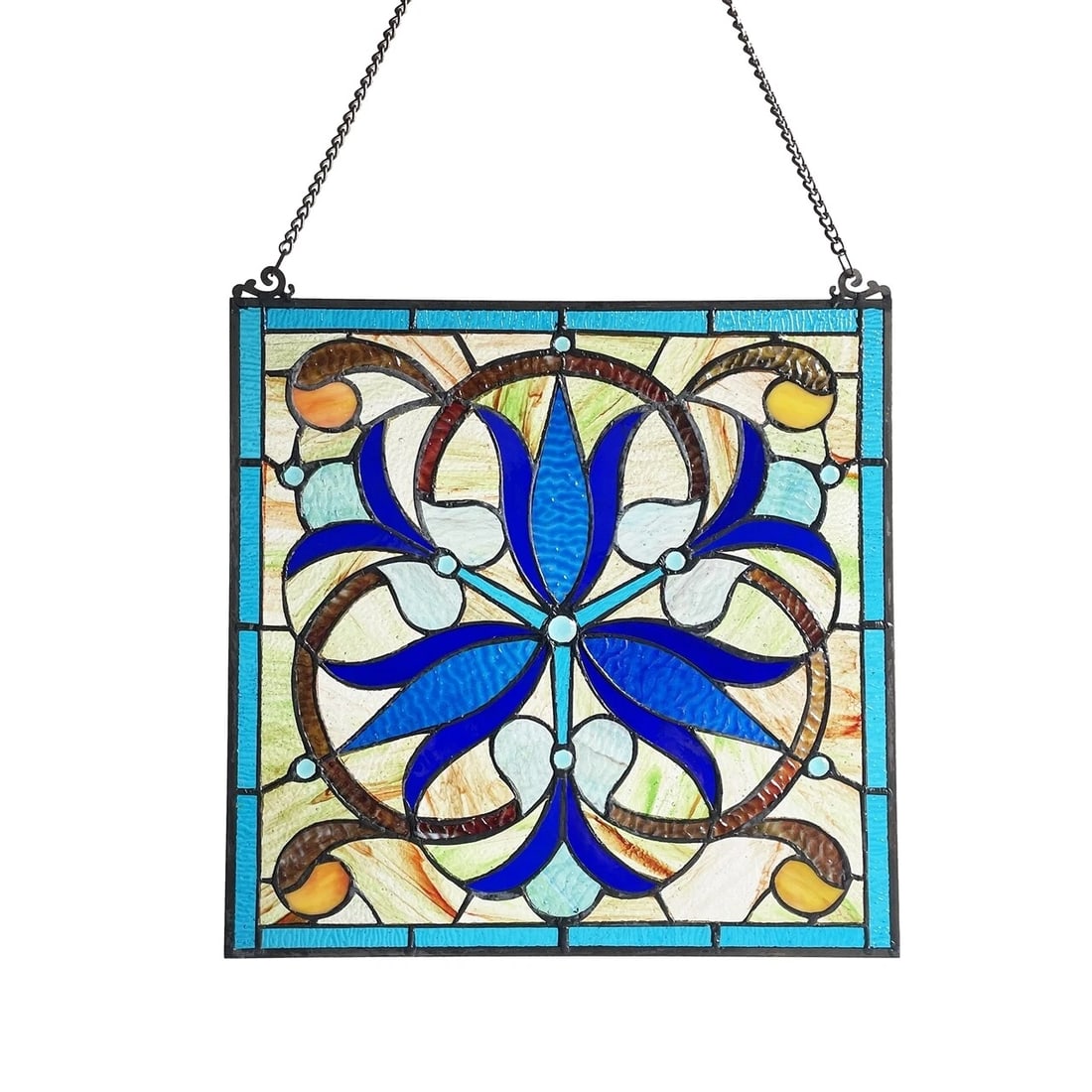 16" Stained Glass Hanging Window Pane Panel Suncatcher: 16"x16" Wonderful reproduction stained glass hanging panel. All soldered glass and metal. These captivating Tiffany-style stained glass pieces are crafted using the exact technique pioneered by the