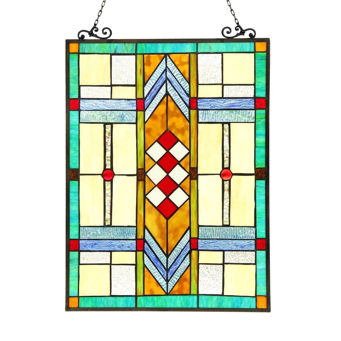 24.8" Mission Style Stained Glass Window Hanging Panel Suncatcher: 24.8 x 17.5 Such a wonderful reproduction hand crafted Tiffany-glass window panel. Certain to brighten up any room! The technique used to make this panel are the same used by Louis Tiffany in the