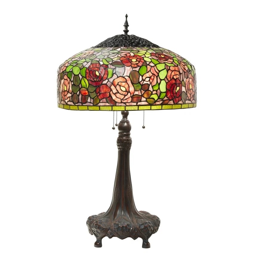 35.5'' Rose Bush Tiffany-Style Stained Glass Table Lamp: Such a nice reproduction 35.5''H Rose Bush Tiffany-Style Stained Glass Table Lamp! This traditional Tiffany-style table lamp features an antique bronze-finish novelty base and a classic dome shade wit