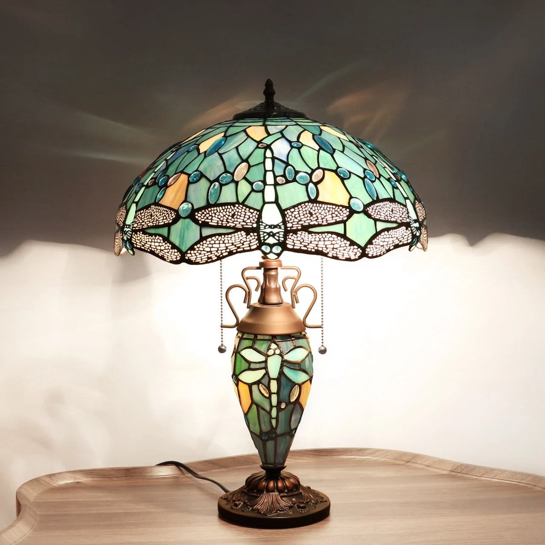 22.44" Stained Glass Dragonfly Lighted Base Table Lamp - 7