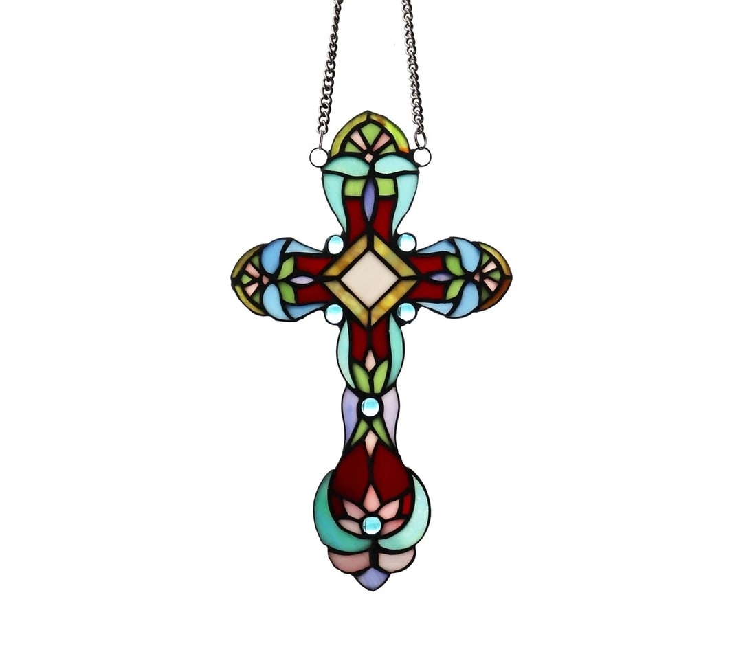13.2" Stained Glass Cross Window Hanging Panel Suncatcher - 3
