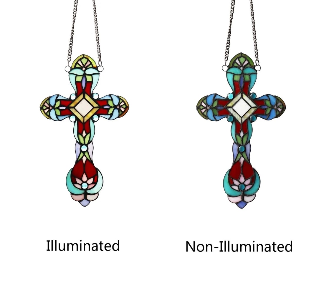 13.2" Stained Glass Cross Window Hanging Panel Suncatcher - 5