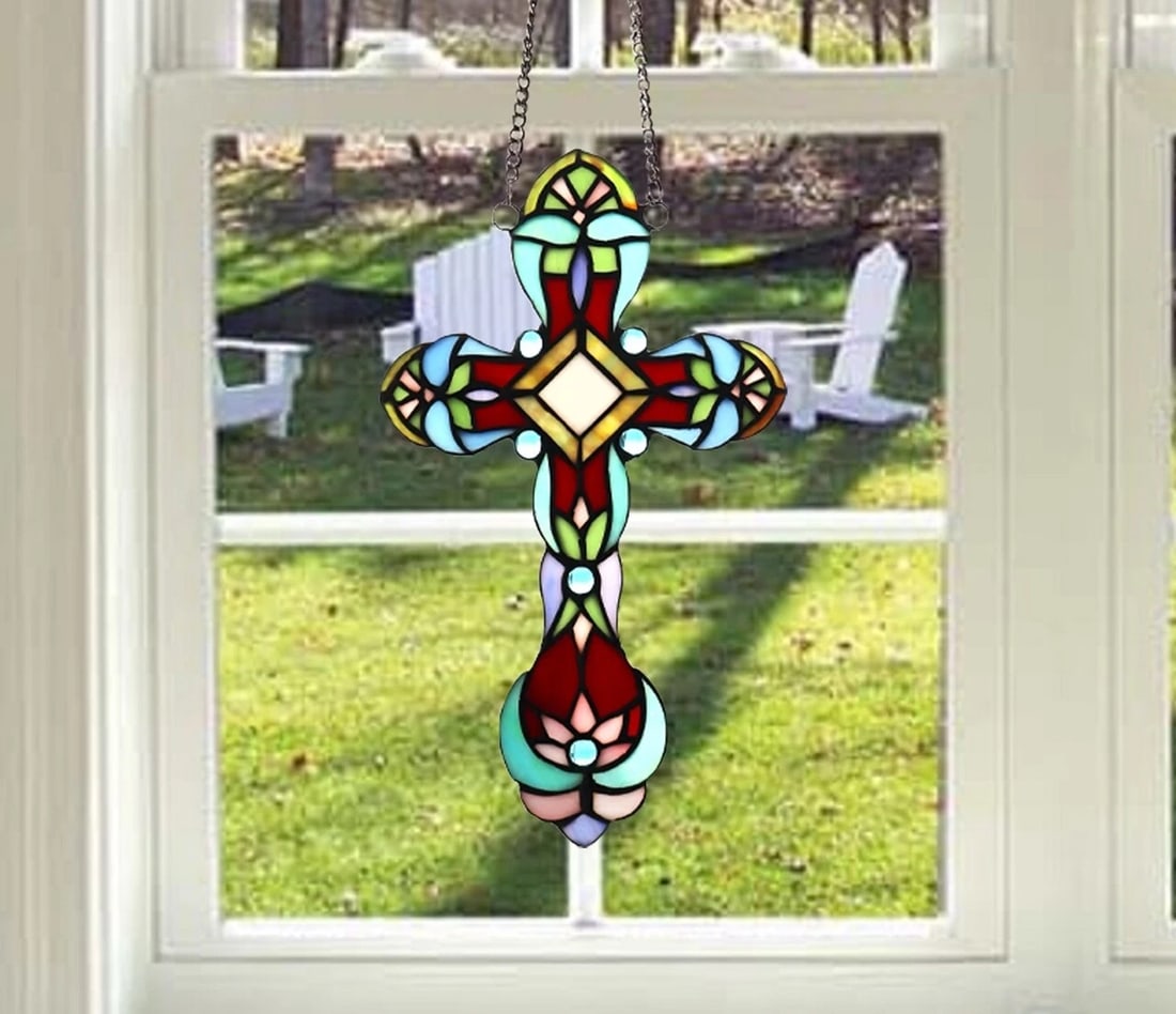 13.2" Stained Glass Cross Window Hanging Panel Suncatcher - 6