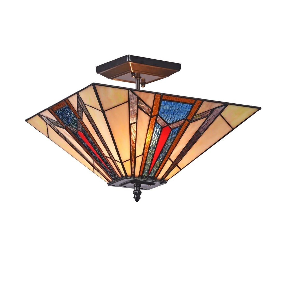 13.9" Mission Stained Glass Semi Flush Ceiling Uplight: (2) 60watt max 13.9"x13.9 11" height" Wonderful square reproduction mission style stained glass ceiling light! Made of all glass and metal. Certain to add a flash of style to any room. Reserve: $120.0