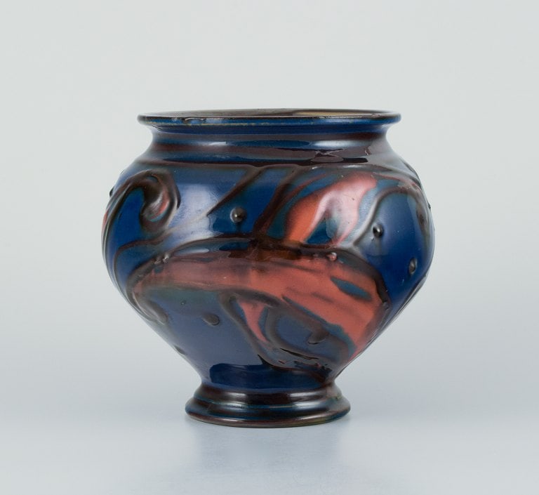 Kähler ceramic vase in horn technique. Glaze in blue and orange tones. - 2