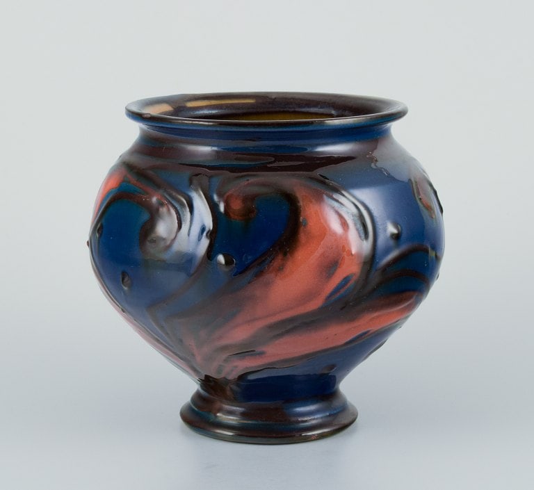 Kähler ceramic vase in horn technique. Glaze in blue and orange tones. - 4