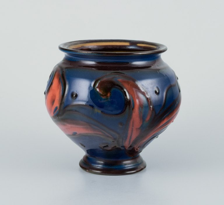 Kähler ceramic vase in horn technique. Glaze in blue and orange tones. - 5