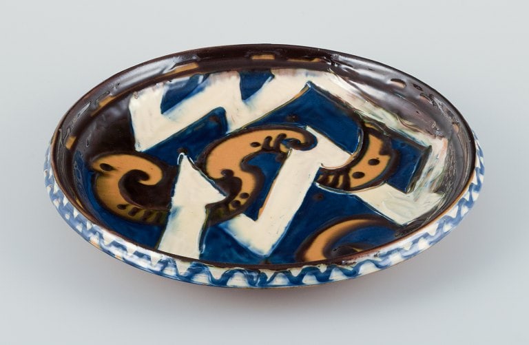 Kähler ceramic dish in cohorn technique. Abstract motif with glaze in blue, yellow, and white (1 of 9)