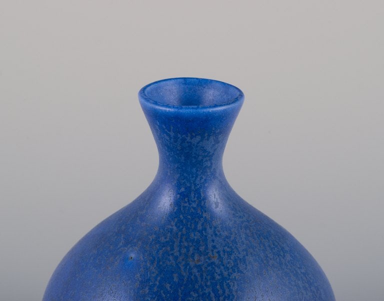 Berndt Friberg for Gustavsberg, Sweden. Ceramic vase with blue glaze. Bulbous shape. - 6