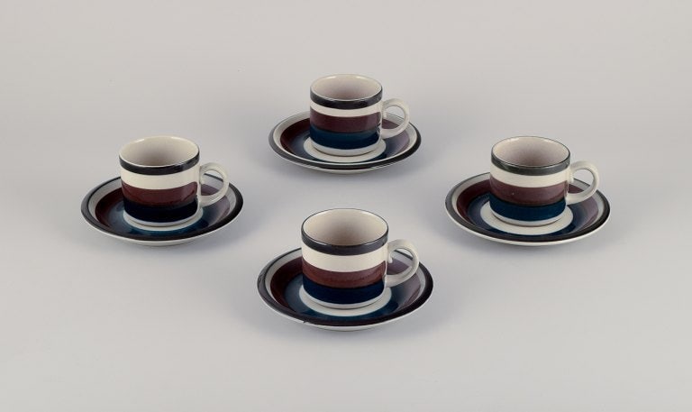 Anja Jaatinen-Winquist for Arabia, Finland. A set of four "Kaira" coffee cups with saucers. (1 of 6)