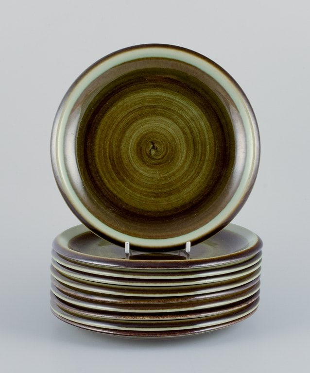 Marianne Westman for Rörstrand, "Maya", a set of ten plates with green-toned glaze. (1 of 4)