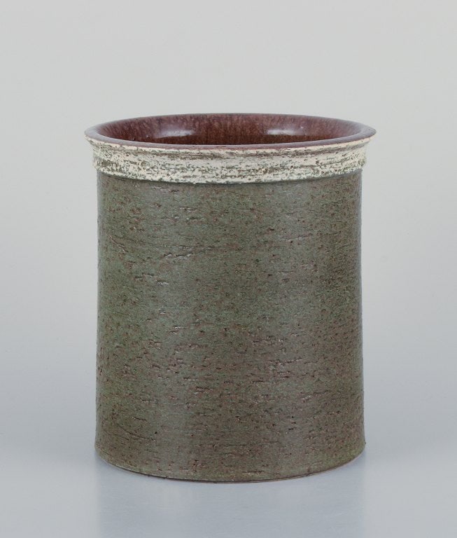 Britt-Louise Sundell for Gustavsberg, Sweden. Studiohand ceramic vase with glaze in greenish tones. (1 of 5)